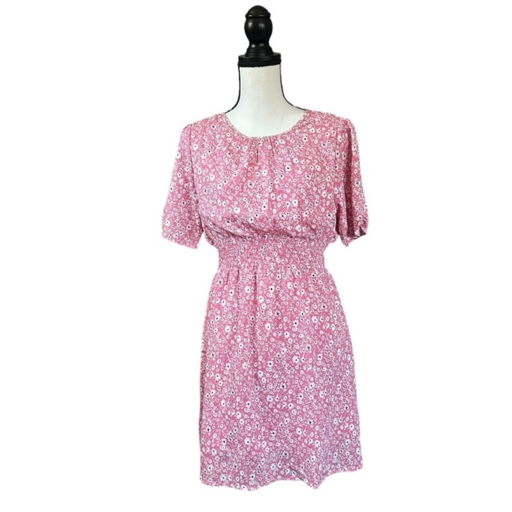 Hayden Ditsy Floral Smocked Waist Mini Dress Pink Cottagecore Preppy Modest M